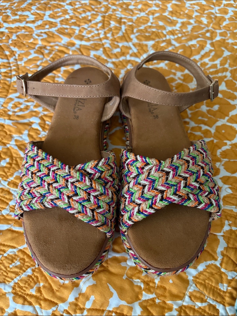 Tan Ankle-Strap Sandals with Multicolor Braided Front